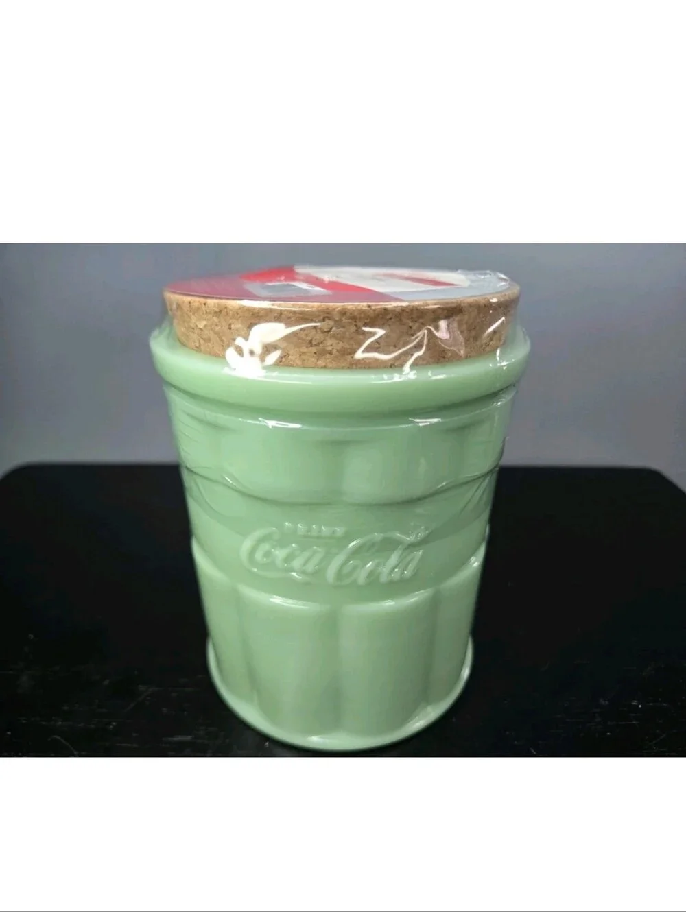 Green Jadeite Coca-Cola Glass Kitchen Canister New/Sealed 24oz w Cork Lid